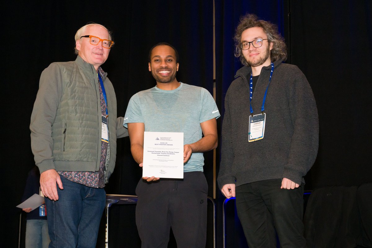 Vincent Conitzer (@conitzer) on Twitter photo <a href="/EmanuelTewolde/">Emanuel Tewolde</a> (and coauthor <a href="/C_Oesterheld/">Caspar Oesterheld</a>) receiving the AAAI'25 best poster award from <a href="/TobyWalsh/">Professor Toby Walsh FAA FTSE</a>, for our paper "Computing Game Symmetries and Equilibria That Respect Them" (also with Brian Zhang and Tuomas Sandholm)!
arxiv.org/abs/2501.08905 <a href="/EmanuelTewolde/">Emanuel Tewolde</a> (and coauthor <a href="/C_Oesterheld/">Caspar Oesterheld</a>) receiving the AAAI'25 best poster award from <a href="/TobyWalsh/">Professor Toby Walsh FAA FTSE</a>, for our paper "Computing Game Symmetries and Equilibria That Respect Them" (also with Brian Zhang and Tuomas Sandholm)!
arxiv.org/abs/2501.08905