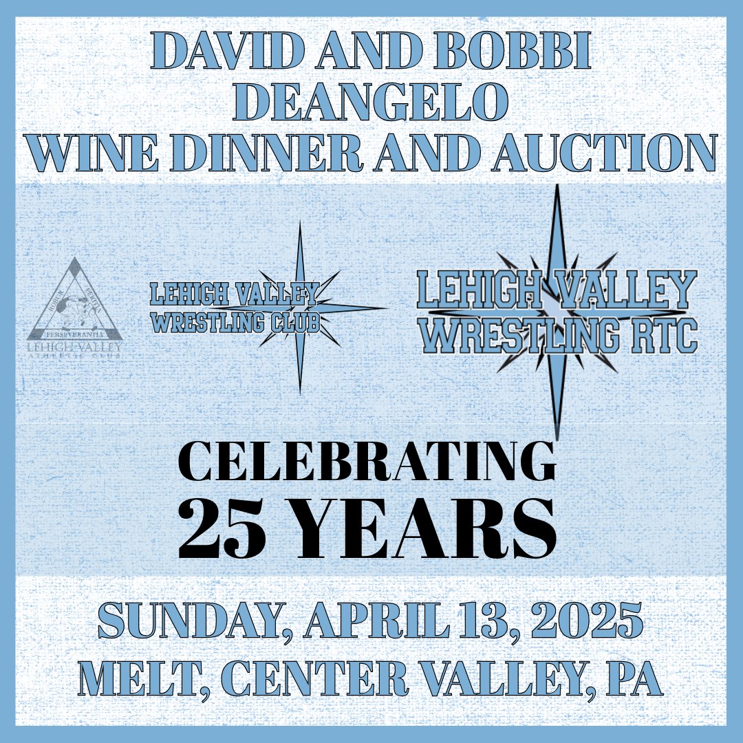 We are thrilled to announce that the Lehigh Valley Wrestling RTC (formerly LVWC &amp; LVAC) is celebrating its 25th Anniversary.  We cordially invite you to join us to attend this momentous occasion.
Visit lehighvalleywrestlingrtc.com/wine for more information and to register.