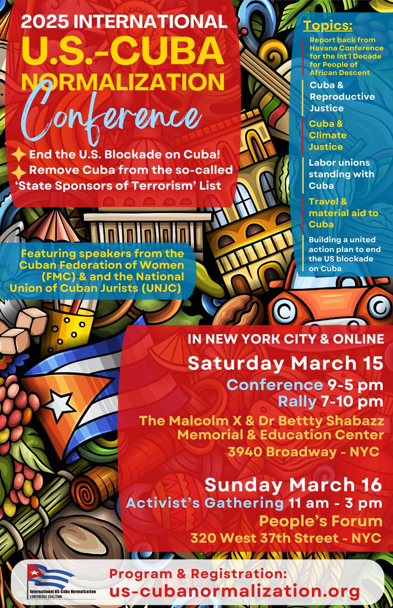 SCOTA is a co-sponsor. It is both in-person and virtual.
We are days away from the 2025 International US-Cuba Normalization Conference! Join in the struggle to demand Hey Trump! Lift the Blockade on Cuba NOW!
REGISTER to attend in-person or online:
us-cubanormalization.org/CubaConference…