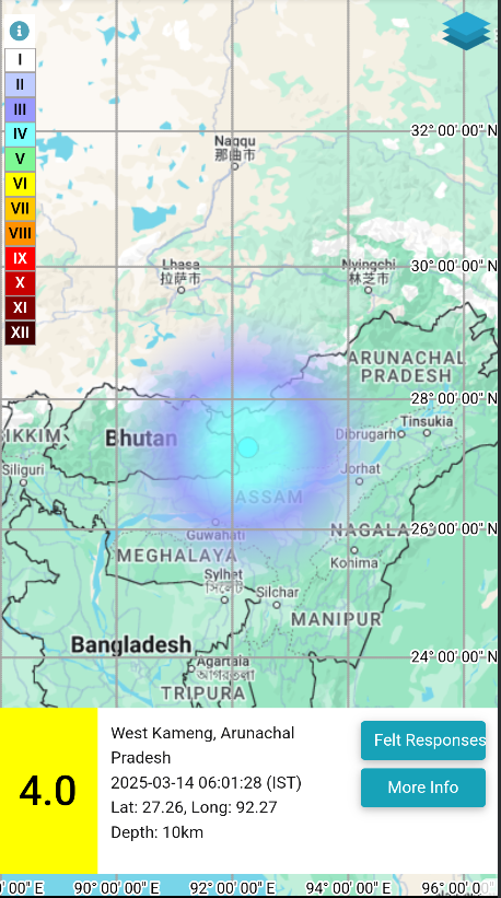 EQ of M: 4.0, On: 14/03/2025 06:01:28 IST, Lat: 27.26 N, Long: 92.27 E, Depth: 10 Km, Location: West Kameng, Arunachal Pradesh. 
For more information Download the BhooKamp App 
riseq.seismo.gov.in/riseq/earthqua… 
<a href="/DrJitendraSingh/">Dr Jitendra Singh</a> 
<a href="/OfficeOfDrJS/">Office of Dr. Jitendra Singh</a> 
<a href="/Ravi_MoES/">Ravi</a>  
<a href="/Dr_Mishra1966/">Dr. O. P. Mishra</a>