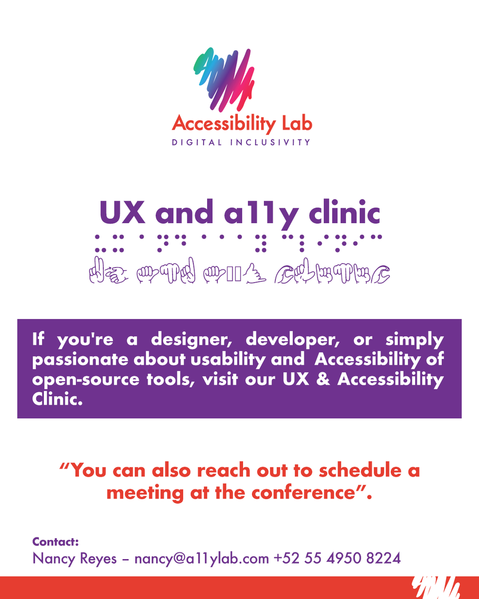 A11yLab (@a11ylab) on Twitter photo If you're a #designer, #developer, or simply passionate about improving the #usability and #accessibility of #opensource tools, visit our #UX & Accessibility Clinic. You can also reach out to schedule a meeting at <a href="/fossasia/">FOSSASIA</a> #fossasia2025
<a href="/OpenTechFund/">Open Technology Fund</a>
Contact:
<a href="/nancy_rf/">Nancy Reyes</a> If you're a #designer, #developer, or simply passionate about improving the #usability and #accessibility of #opensource tools, visit our #UX & Accessibility Clinic. You can also reach out to schedule a meeting at <a href="/fossasia/">FOSSASIA</a> #fossasia2025
<a href="/OpenTechFund/">Open Technology Fund</a>
Contact:
<a href="/nancy_rf/">Nancy Reyes</a>