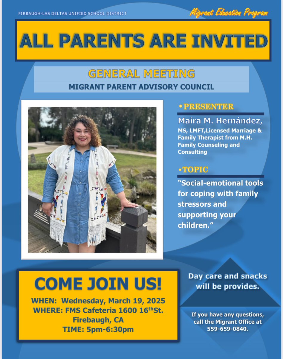 FirebaughMiddle's tweet image. Migrant Parent Advisory Council meeting, Wednesday, March 19th at 5:00 pm-6:30 pm in the FMS Cafeteria.
