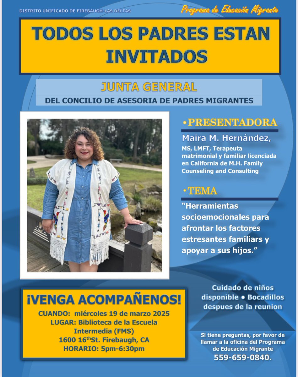 FirebaughMiddle's tweet image. Migrant Parent Advisory Council meeting, Wednesday, March 19th at 5:00 pm-6:30 pm in the FMS Cafeteria.