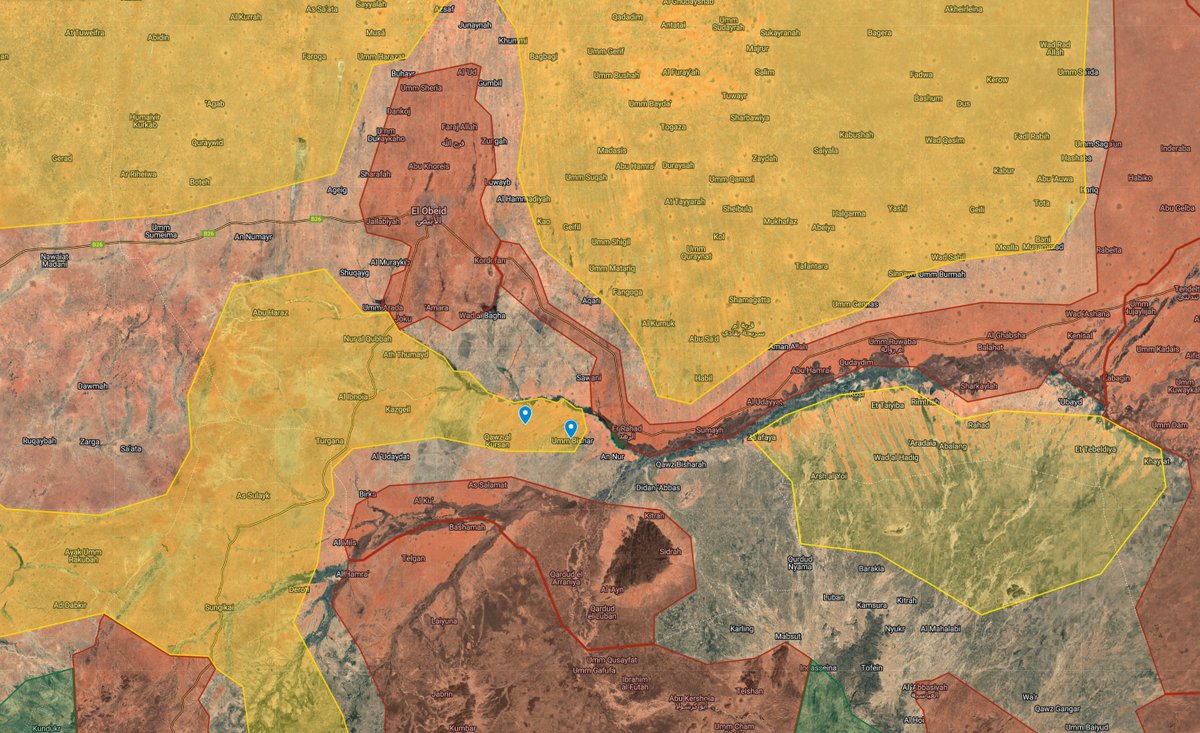TLDRMap's tweet image. Today, the RSF looted and attacked the towns of Umm Bishar and Umm Sarir in North Kordofan. The group came within 10 km of the recently recaptured city of er-Rahad.
The RSF has kept its control south of the Kordofan highway and continues to threaten SAF supply to south Kordofan.