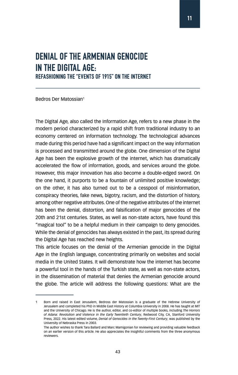 Some of you have asked whether an English version of my latest article “Denial of the Armenian Genocide in the Digital Era" is available in English. Below, you will find the link to the English version. 
Link: rb.gy/y7cd68