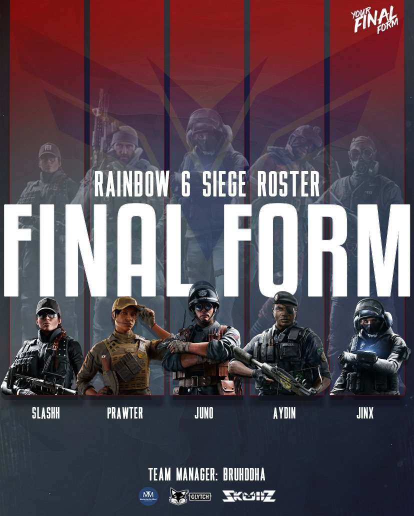 Final Form (@finalforment) on Twitter photo Introducing our new Rainbow 6 Siege Roster! 🔥
Please welcome:
➡️- Prawter: x.com/Prawter
➡️ - Aydin: x.com/R6Ayce
➡️ - Jinx: x.com/Jinx_r6
➡️ - Slashh: x.com/SlashhR6
➡️ - Juno: x.com/Juno_R6S
Team Manager: <a href="/FFE_Bruhddha/">Ethan Adkins</a> Introducing our new Rainbow 6 Siege Roster! 🔥
Please welcome:
➡️- Prawter: x.com/Prawter
➡️ - Aydin: x.com/R6Ayce
➡️ - Jinx: x.com/Jinx_r6
➡️ - Slashh: x.com/SlashhR6
➡️ - Juno: x.com/Juno_R6S
Team Manager: <a href="/FFE_Bruhddha/">Ethan Adkins</a>