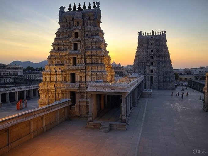 The image showcases a beautifully detailed temple complex at sunset, highlighting the intricate architecture of South Indian temples. The post text, written in Tamil, emphasizes the cultural significance of living in a town with a temple, referencing the Sangam literature 'Pattinappalai' which describes the prosperity brought by temples. The temple in the image, likely Uraiyur, was constructed by Karikalan as the central feature of the town, as mentioned in the post. The warm lighting from the setting sun enhances the grandeur of the temple's gopurams (towering gateways), creating a serene and majestic atmosphere. The image captures the essence of Tamil heritage and the importance of temples in Tamil culture.