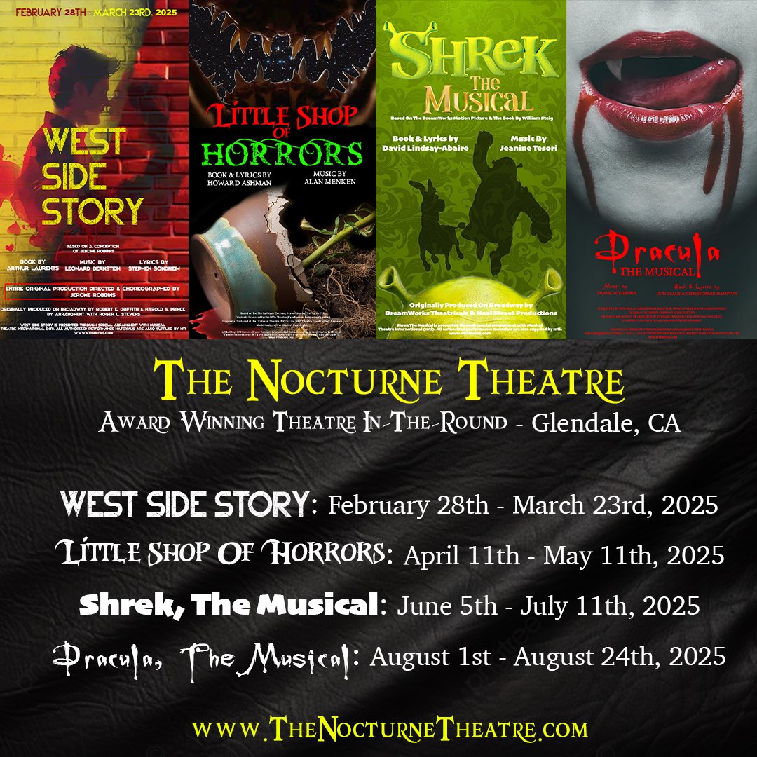A season of stupendous live stage theatre is scheduled for 2025.  Please check these out and support these new productions this season:  thenocturnetheatre.com/shows/(West Side Story, Little Shop of Horrors, Shrek the Musical, Dracula: The Musical) which all take place at the beautiful
