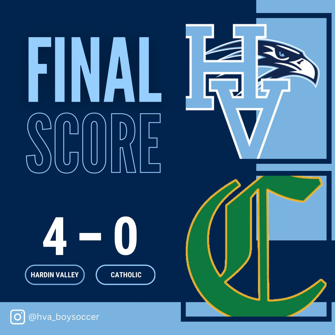 HVA 4 - Catholic 0

Second half scorers:

Josh Colomac ⚽️ 
   Assist by BenBrophy ⚡️

Ali Tarchane ⚽️

Ben Brophy ⚽️
   Assist by Nate Holbrook 

#family #GoHawks
<a href="/HVAHawks/">Hardin Valley Academy</a> <a href="/HVAAthletics/">Hardin Valley Athletics</a> <a href="/HVAAC/">HVA Athletic Council</a> <a href="/kchs_soccer/">KCHS Men’s Soccer</a> @watesports <a href="/prepxtra/">PrepXtra</a> @5starpreps <a href="/HVA_SC/">HVA Student Council</a> @HVA_AD_Hawks @maxpreps