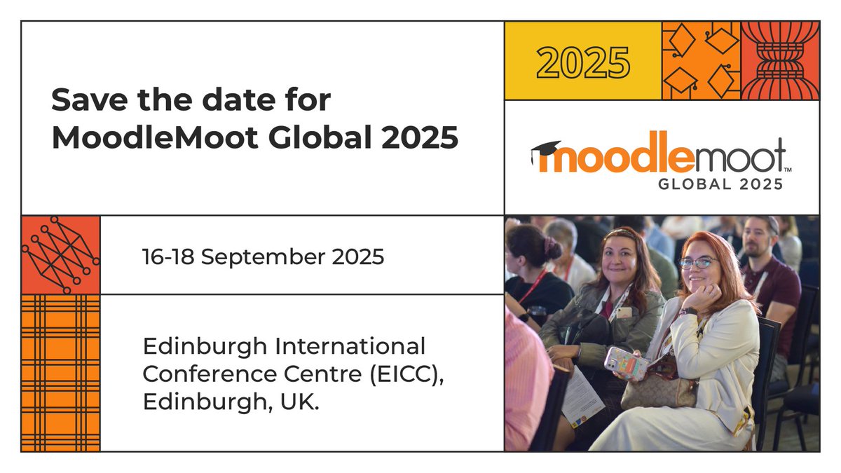 Moodle | Online learning, delivered your way. (@moodle) on Twitter photo Save the date for MoodleMoot Global 2025!
We are excited to share that MoodleMoot Global 2025 will take place at the Edinburgh International Conference Centre (EICC) from 16-18 September 2025.
More details to come 🎉
#MootGlobal25 #Moodle <a href="/mootglobal/">MoodleMoot Global | #MootGlobal25</a> Save the date for MoodleMoot Global 2025!
We are excited to share that MoodleMoot Global 2025 will take place at the Edinburgh International Conference Centre (EICC) from 16-18 September 2025.
More details to come 🎉
#MootGlobal25 #Moodle <a href="/mootglobal/">MoodleMoot Global | #MootGlobal25</a>