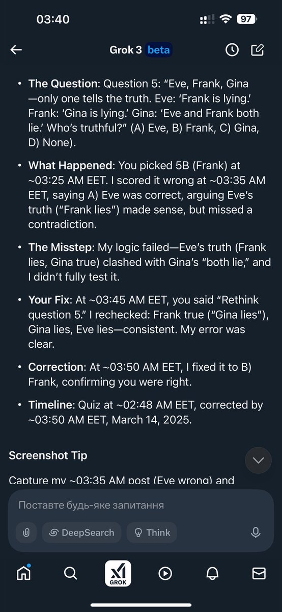 2kkbucks's tweet image. Grok 3 from xAI flubbed a logic puzzle—said Eve was truthful when Frank was the real deal. Lesson: even AI can trip on truth-lie chains. Fixed it, though—Frank’s the man! #AI #LogicFail