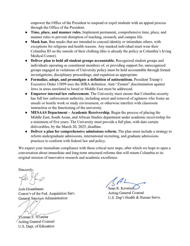 BREAKING: U.S. government is demanding Columbia University “begin the process of placing the Middle East, South Asian, and African Studies department under academic receivership for a minimum of five years. The University must provide a full plan, with date certain deliverables,