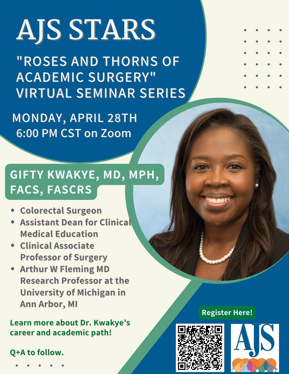 AJS Student and Resident Scholar (STARS) Committee (@ajs_stars) on Twitter photo ✨ANNOUNCEMENT✨
We are so excited to share our next #RosesandThorns of academic surgery event with Dr. Gifty Kwakye from <a href="/umichmedicine/">Michigan Medicine</a>! We could not me more ecstatic about our event next month -- don't miss out!
Register in the QR code below ⬇️ ✨ANNOUNCEMENT✨
We are so excited to share our next #RosesandThorns of academic surgery event with Dr. Gifty Kwakye from <a href="/umichmedicine/">Michigan Medicine</a>! We could not me more ecstatic about our event next month -- don't miss out!
Register in the QR code below ⬇️
