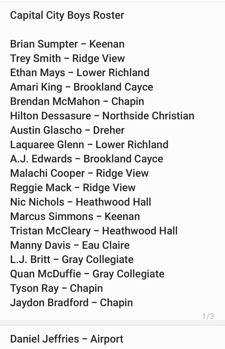 Lou Bezjak (@louatthestate) on Twitter photo Rosters for <a href="/CBballGroup/">Columbia Basketball Group</a> Capital City Senior All-Star games and Boys/Girls Junior Showcase at Heathwood Hall .
Capital City Girls Noon
Capital City Boys: 1:30 pm
Jr. Girls Showcase 3 pm
Jr. Boys Showcase, 4:30 pm Rosters for <a href="/CBballGroup/">Columbia Basketball Group</a> Capital City Senior All-Star games and Boys/Girls Junior Showcase at Heathwood Hall .
Capital City Girls Noon
Capital City Boys: 1:30 pm
Jr. Girls Showcase 3 pm
Jr. Boys Showcase, 4:30 pm