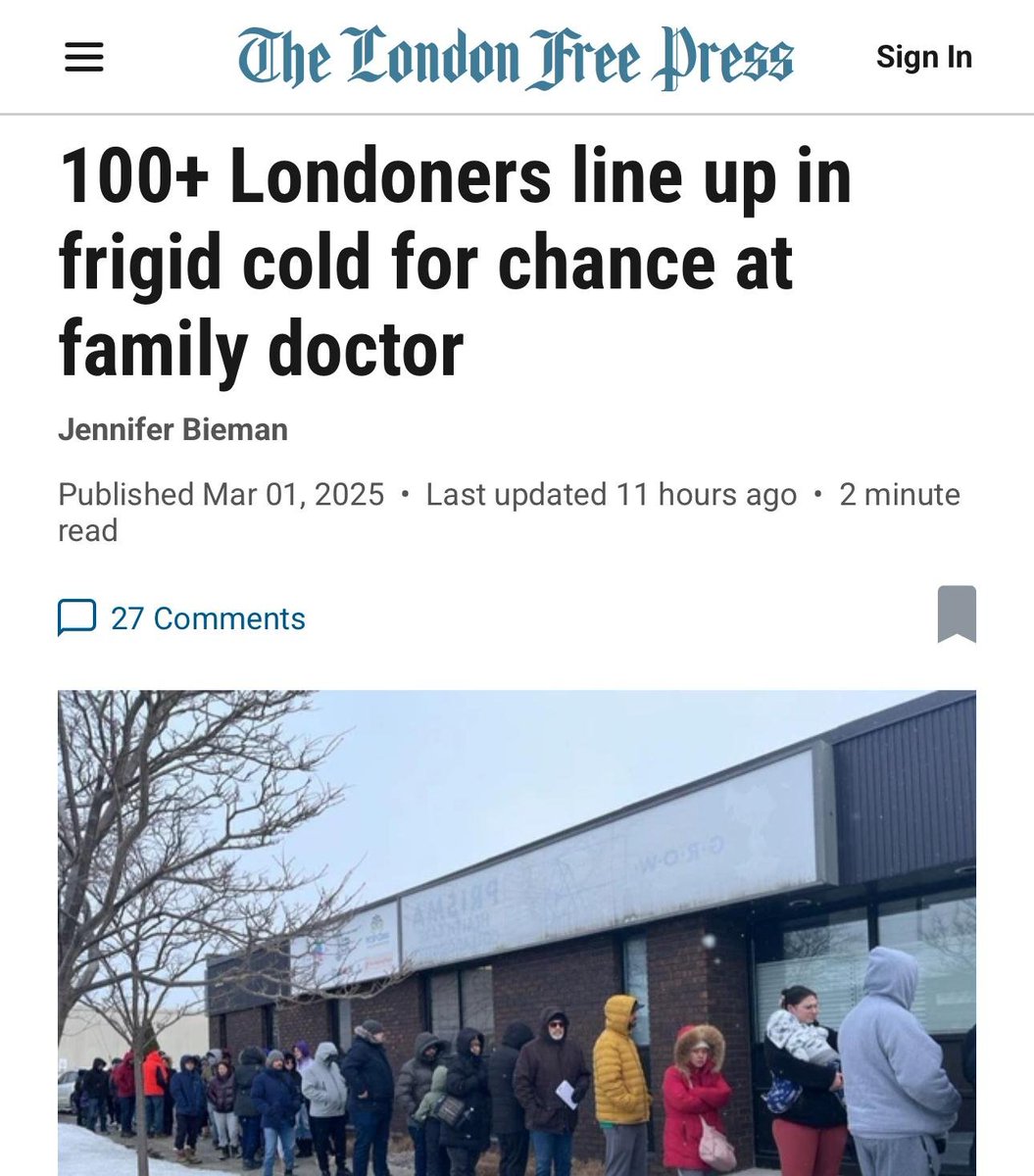 People lined up in -17 weather with children in London, Ontario to try and get a new family MD. The OMA cites 4.4 million will not have a family MD in 2026. Along with more hospital and LTC beds, this is a top government mandate.
lfpress.com/news/local-new…