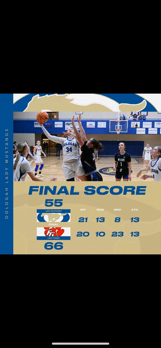 The Lady Mustangs battled it out with 4A #3 Ft Gibson tonight. Next up, Area! Great effort ladies! Go give it your all next weekend!

Scorers: Calico, 19; Seaba, 18; Hogue, 9; Warford, 5; Charloe, 4 

Rebounding: Seaba, 8; Hogue, 4
Assists: Seaba, 5; Warford, 3