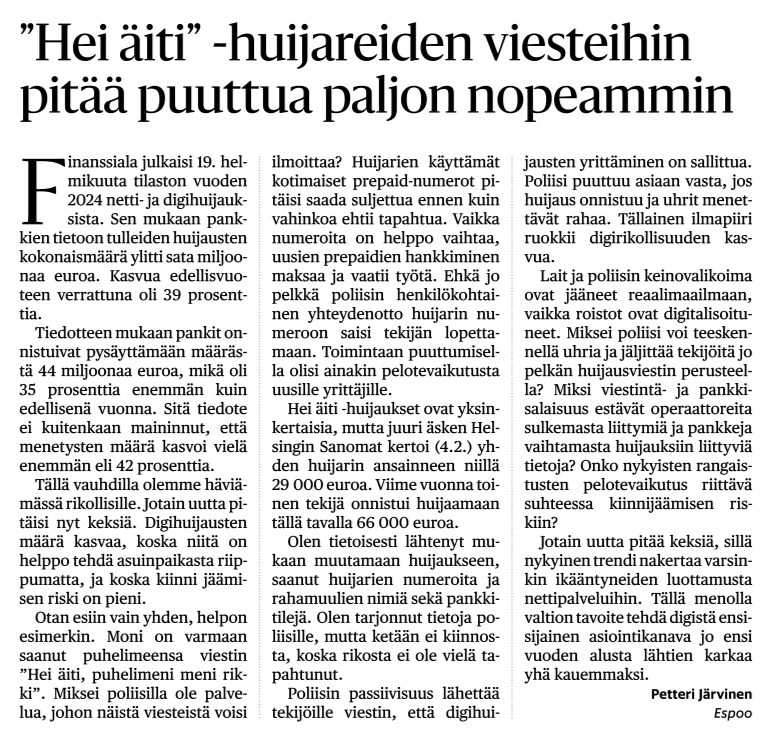 Kirjoitukseni tänään Hesarissa. #huijaus #tietoturva #HeiÄiti hs.fi/mielipide/art-…