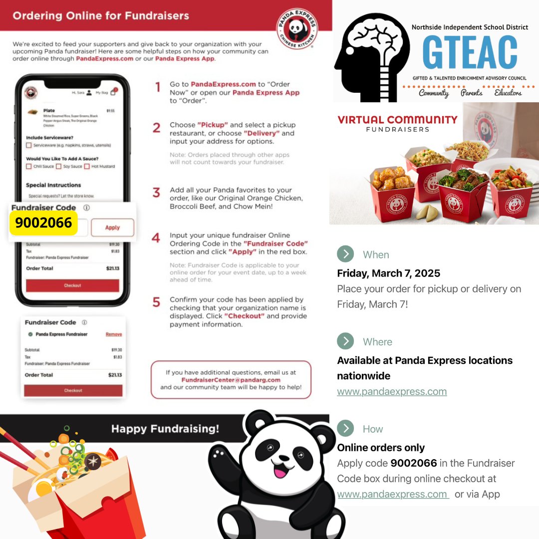 Panda Express Fundraiser – March 7th!

Kick off Spring Break with a tasty meal &amp; support GTEAC!

✅ Order online at Panda Express 💻 Use code 9002066 at checkout 📍 Valid ALL DAY at ANY location nationwide!
Spread the word! ❤️
#Fundraiser #PandaExpress #GTEAC #SpringBreakEats
