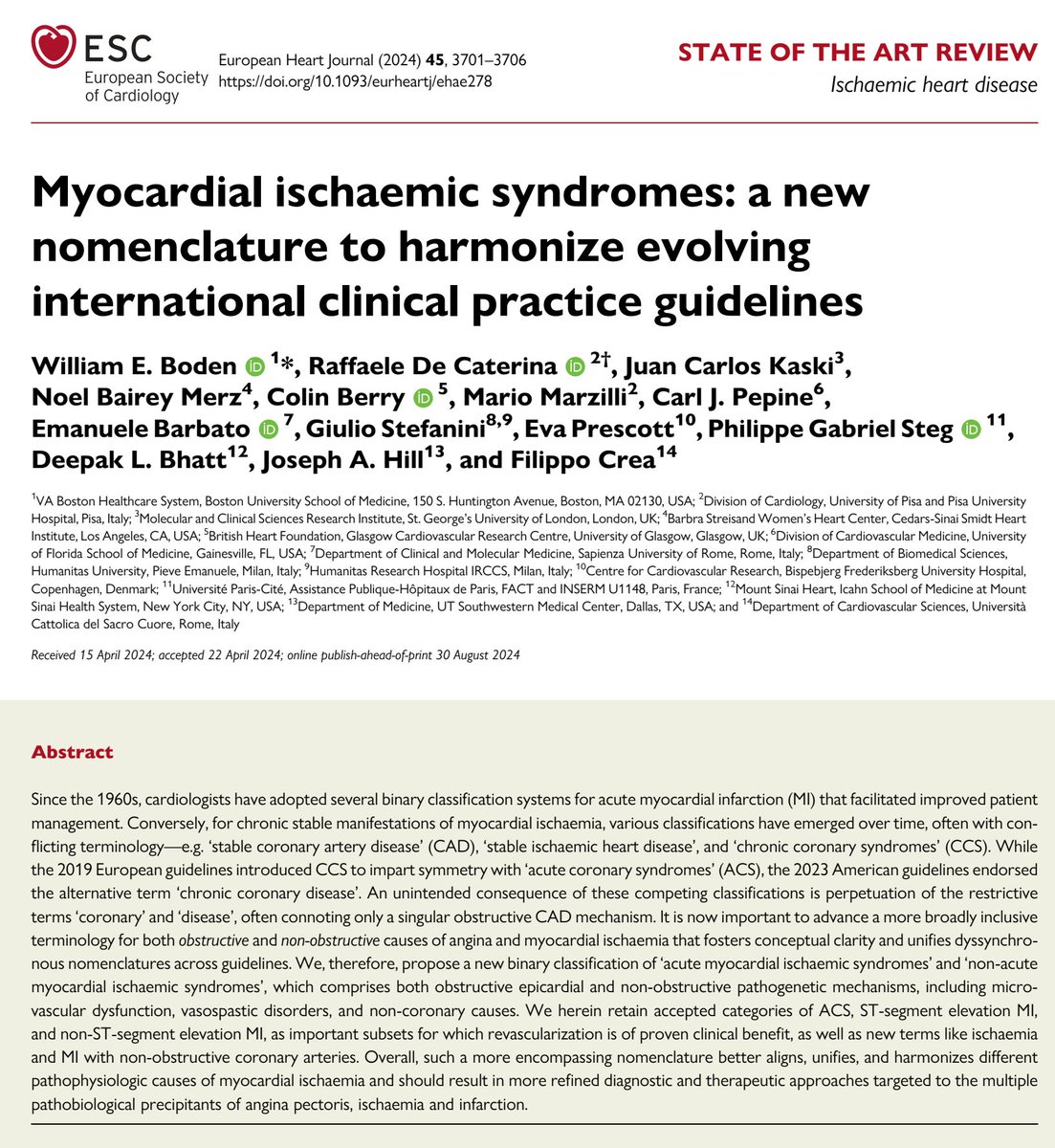 💙Top🔟Trials del 2024 en Enfermedad Coronaria Crónica🪸 según #EHJ:

·  Nueva nomenclatura para isquemia miocárdica: Se propone redenominar en síndromes miocárdicos isquémicos y clasificarlos como "agudos y no agudos". 

📄academic.oup.com/eurheartj/adva…
#IHD #CCS #CVD #CCD #CCTA #CABG
