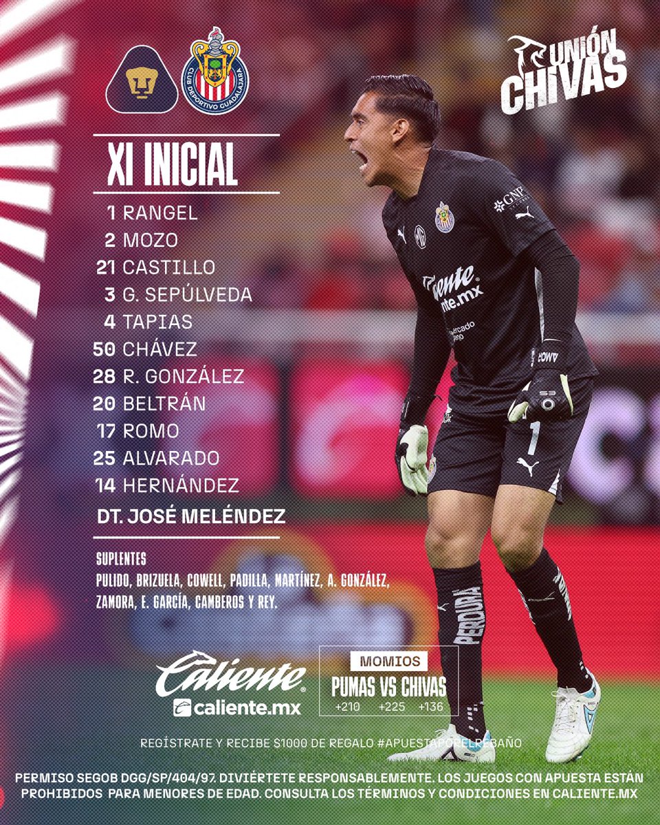Chivas's tweet photo. 🇫🇷 ¡ESTE ES EL XI DE LAS CHIVAS PARA EL PARTIDO DE ESTA NOCHE EN CIUDAD DE MÉXICO! 🇫🇷

¡DALEEEE, GUADALAJARA! 🐐

#ApuestaPorElRebaño en @calientesports 🔥📲👉 https://t.co/lW6iHG9fOk https://t.co/BkHXwzim1k