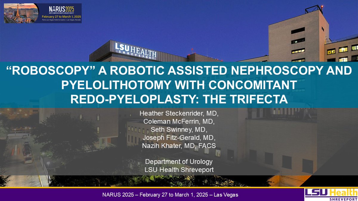 Nazih Paul Khater, MD, FACS (@nazihkhatermd) on Twitter photo Proud to present my techniques with tips and tricks for Robotic transvesical prostatectomy and for "roboscopy" highlighting here some of our amazing Herculean work with our ⭐ <a href="/LSUHS/">LSU Health Shreveport</a> Chief Resident Dr. Heather Steckenrider at #NARUS2025!
<a href="/RoboUro/">North American Robotic Urology Society | NARUS</a> <a href="/jdhdavis/">John W. Davis, MD</a> #education #robotics Proud to present my techniques with tips and tricks for Robotic transvesical prostatectomy and for "roboscopy" highlighting here some of our amazing Herculean work with our ⭐ <a href="/LSUHS/">LSU Health Shreveport</a> Chief Resident Dr. Heather Steckenrider at #NARUS2025!
<a href="/RoboUro/">North American Robotic Urology Society | NARUS</a> <a href="/jdhdavis/">John W. Davis, MD</a> #education #robotics