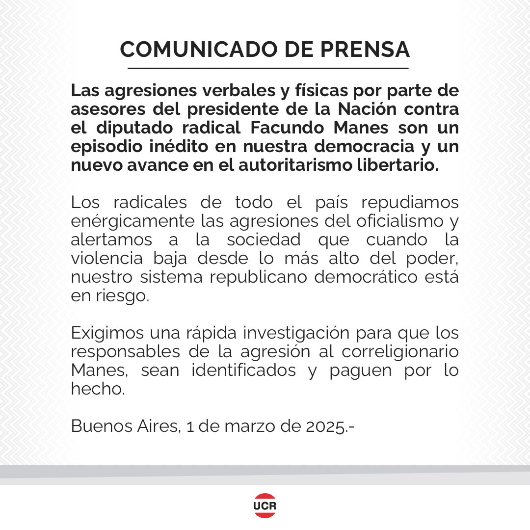 Unión Cívica Radical (@ucrnacional) on Twitter photo #Comunicado | Las agresiones contra <a href="/ManesF/">Facundo Manes</a> son un episodio inédito de nuestra democracia y un nuevo avance en el autoritarismo libertario. #Comunicado | Las agresiones contra <a href="/ManesF/">Facundo Manes</a> son un episodio inédito de nuestra democracia y un nuevo avance en el autoritarismo libertario.