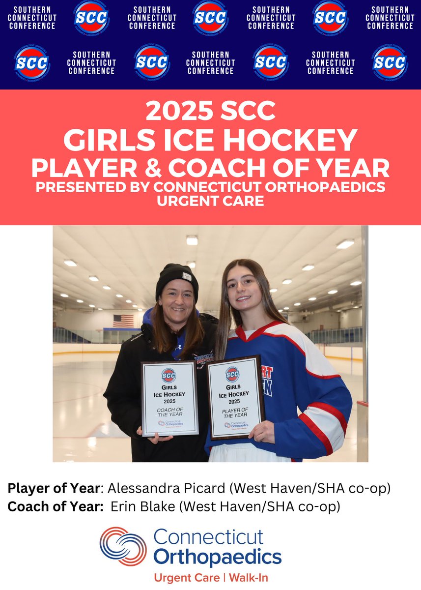 Congratulations to the 2024 SCC Girls Ice Hockey Player and Coach of the Year Alessandra Picard and Erin Blake of West Haven/SHA, presented by <a href="/ctorthopaedics/">Connecticut Orthopaedics</a> Urgent Care  #ctghk #SCC