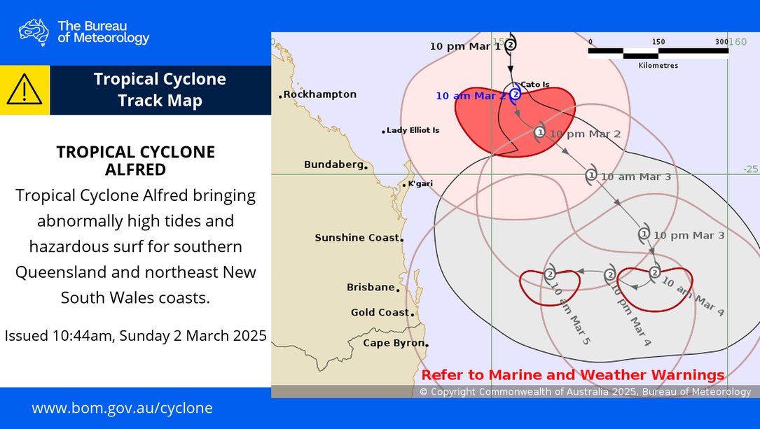 🌀Tropical #CycloneAlfred, a category 2 system, has been moving southwards yesterday and overnight.

Strong to gale-force winds may occur about K'gari (Fraser Island) today. 
Severe coastal hazards are likely for southern #Qld and north-east #NSW.

Latest: ow.ly/tv3250V8XtF