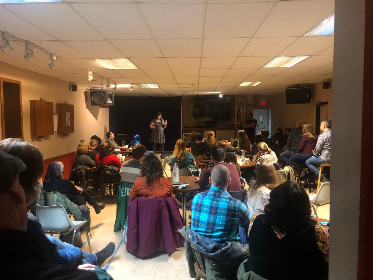 Mighty <a href="/gordonhillpress/">Gordon Hill Press</a> &amp; Palimpsest Press team up with Guelph crowd so big I couldn't get it in one photo. Sorry, L and R parts of audience. Yay! Pictured, Luke Hill, Hollay Ghadery, and Adam Honsinger introduce, read, and sign respectively.