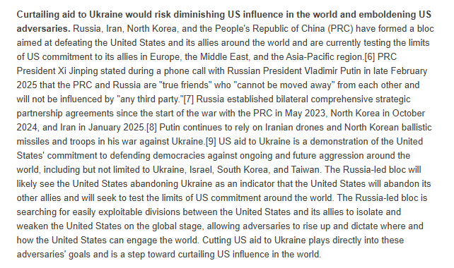 Curtailing aid to Ukraine would risk diminishing US influence in the world and emboldening US adversaries. Russia, Iran, North Korea, and the People's Republic of China (PRC) have formed a bloc aimed at defeating the United States and its allies around the world and are currently