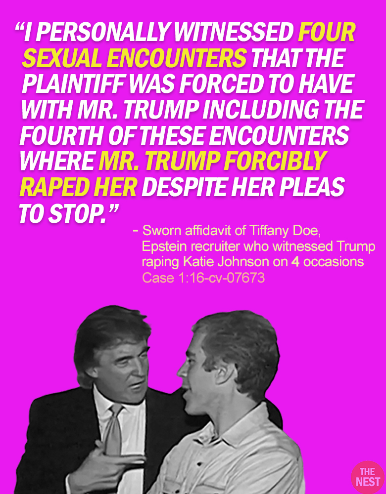 RapinDonaldHQ's tweet image. Here are excerpts from the sworn affidavit of Epstein recruiter "TIFFANY DOE."
Tiffany was a WITNESS to the FOUR times Katie Johnson was raped by Donald Trump when she was 13 years old.
Her statements were made under the threat of perjury for making a false statement.
Nothing…