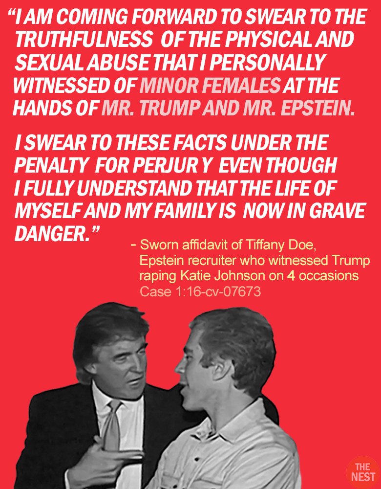 RapinDonaldHQ's tweet image. Here are excerpts from the sworn affidavit of Epstein recruiter "TIFFANY DOE."
Tiffany was a WITNESS to the FOUR times Katie Johnson was raped by Donald Trump when she was 13 years old.
Her statements were made under the threat of perjury for making a false statement.
Nothing…