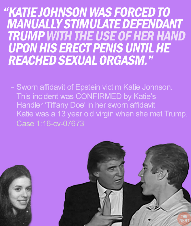 RapinDonaldHQ's tweet image. EPSTEIN VICTIM KATIE JOHNSON'S AFFIDAVIT (PART ONE)
These are excerpts from her sworn affidavit in which she talks about the 4 times she was raped by Donald Trump when she was just 13 years old.
Katie also has a witness who swore under oath to being present during the FOUR…