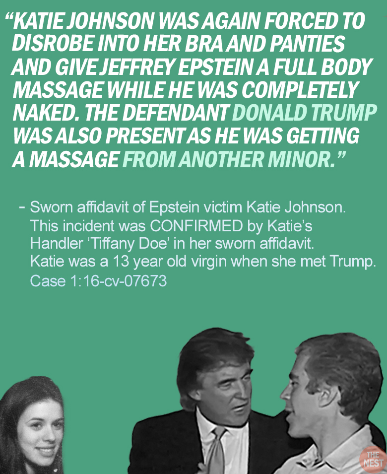 RapinDonaldHQ's tweet image. EPSTEIN VICTIM KATIE JOHNSON'S AFFIDAVIT (PART ONE)
These are excerpts from her sworn affidavit in which she talks about the 4 times she was raped by Donald Trump when she was just 13 years old.
Katie also has a witness who swore under oath to being present during the FOUR…