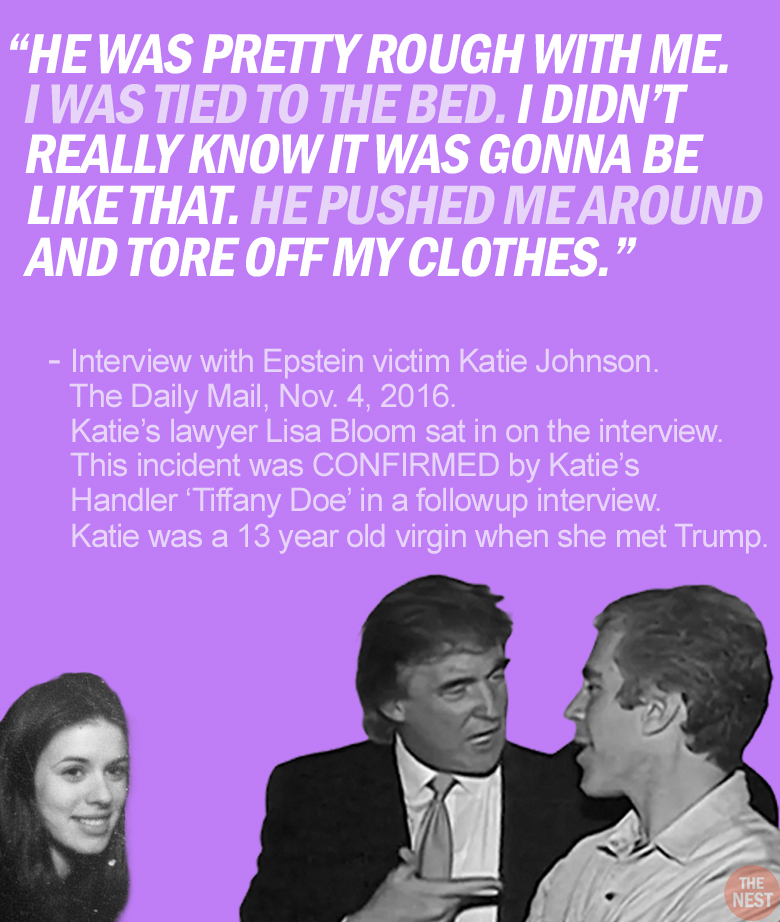 RapinDonaldHQ's tweet image. Here are excerpts from Epstein victim Katie Johnson's interview with the DAILY MAIL (PART FIVE)
Everything Katie told the Daily Mail was confirmed in her sworn affidavit.
She also had a witness who swore to the FOUR rapes and who the Daily Mail contacted to verify.
None of…