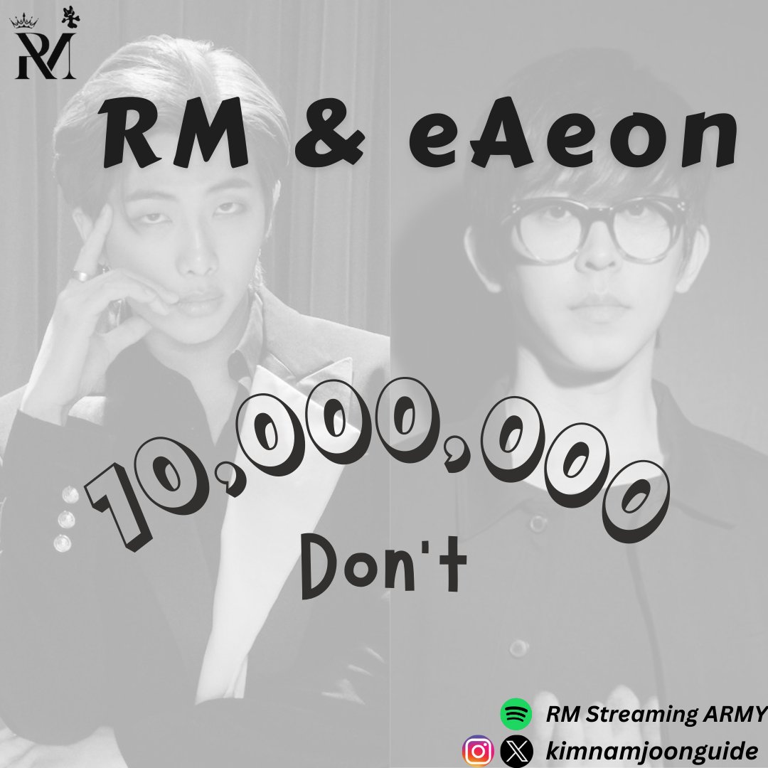 emveketahj's tweet photo. Don't (feat. RM) by @eaeon has surpassed 70 Million streams on spotify, making it RM's 18th song to reach this milestone!
CONGRATULATIONS RM
CONGRATULATIONS eAeon
#DONT_70M #RM #eAeon https://t.co/udOflPYyDU