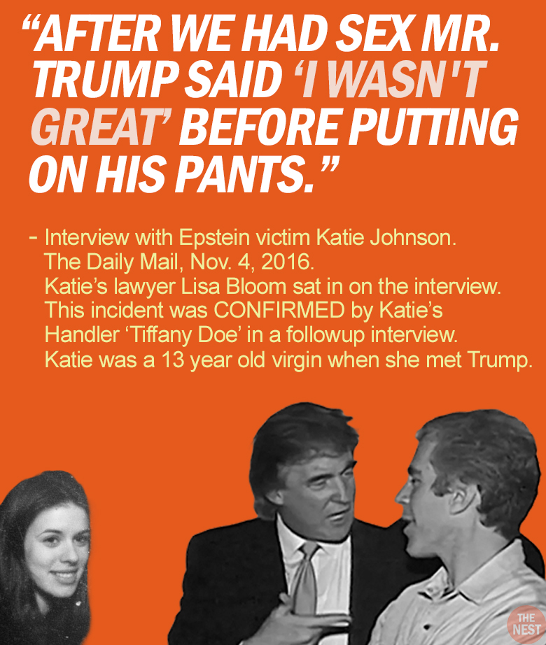 RapinDonaldHQ's tweet image. Here are excerpts from Epstein victim Katie Johnson's interview with the DAILY MAIL (PART ONE)
Everything Katie told the Daily Mail was confirmed in her sworn affidavit.
She also had a witness who swore to the FOUR rapes and who the Daily Mail contacted to verify.
None of…
