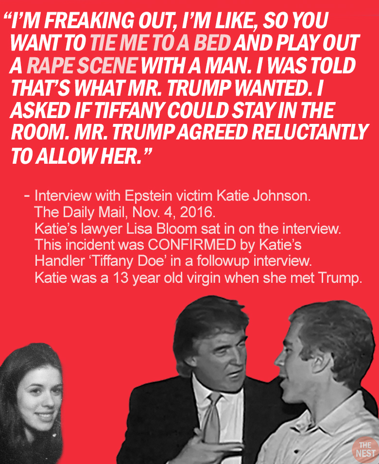 RapinDonaldHQ's tweet image. Here are excerpts from Epstein victim Katie Johnson's interview with the DAILY MAIL (PART ONE)
Everything Katie told the Daily Mail was confirmed in her sworn affidavit.
She also had a witness who swore to the FOUR rapes and who the Daily Mail contacted to verify.
None of…