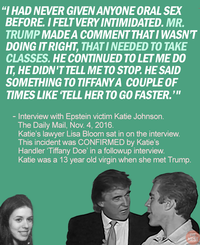 RapinDonaldHQ's tweet image. Here are excerpts from Epstein victim Katie Johnson's interview with the DAILY MAIL (PART THREE)
Everything Katie told the Daily Mail was confirmed in her sworn affidavit.
She also had a witness who swore to the FOUR rapes and who the Daily Mail contacted to verify.
None of…
