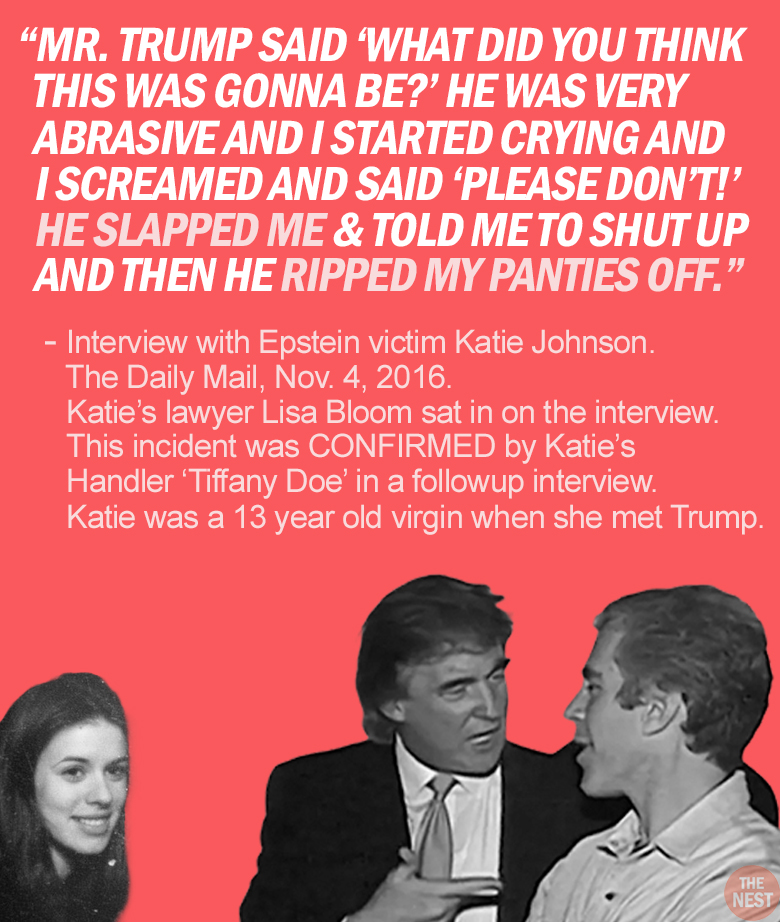RapinDonaldHQ's tweet image. Here are excerpts from Epstein victim Katie Johnson's interview with the DAILY MAIL (PART FOUR)
Everything Katie told the Daily Mail was confirmed in her sworn affidavit.
She also had a witness who swore to the FOUR rapes and who the Daily Mail contacted to verify.
None of…