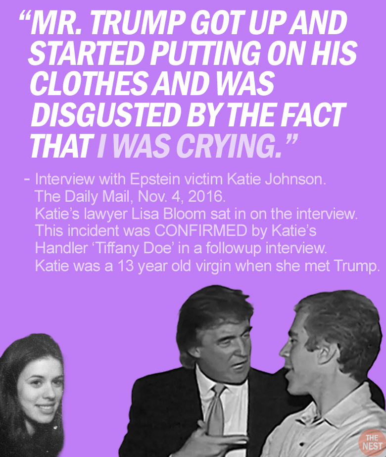 RapinDonaldHQ's tweet image. Here are excerpts from Epstein victim Katie Johnson's interview with the DAILY MAIL (PART FOUR)
Everything Katie told the Daily Mail was confirmed in her sworn affidavit.
She also had a witness who swore to the FOUR rapes and who the Daily Mail contacted to verify.
None of…