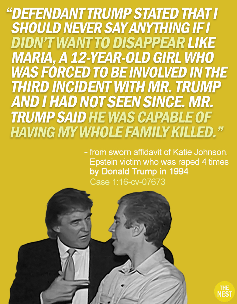 RapinDonaldHQ's tweet image. EPSTEIN VICTIM KATIE JOHNSON'S AFFIDAVIT (PART TWO)
These are excerpts from her sworn affidavit in which she talks about the 4 times she was raped by Donald Trump when she was just 13 years old.
Katie also has a witness who swore under oath to being present during the FOUR…