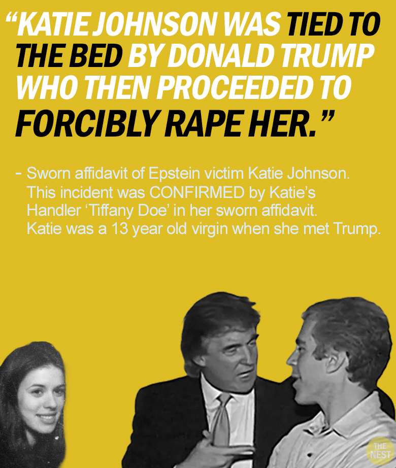 RapinDonaldHQ's tweet image. EPSTEIN VICTIM KATIE JOHNSON'S AFFIDAVIT (PART TWO)
These are excerpts from her sworn affidavit in which she talks about the 4 times she was raped by Donald Trump when she was just 13 years old.
Katie also has a witness who swore under oath to being present during the FOUR…