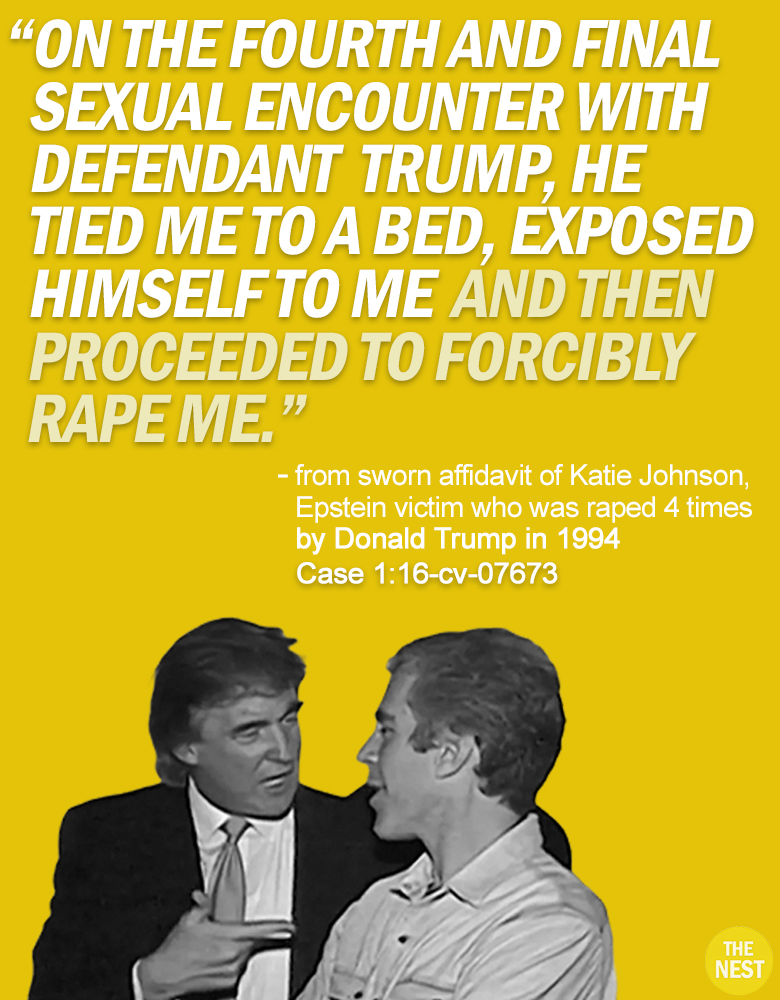 RapinDonaldHQ's tweet image. EPSTEIN VICTIM KATIE JOHNSON'S AFFIDAVIT (PART TWO)
These are excerpts from her sworn affidavit in which she talks about the 4 times she was raped by Donald Trump when she was just 13 years old.
Katie also has a witness who swore under oath to being present during the FOUR…