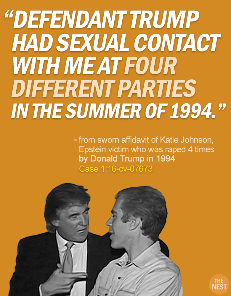 RapinDonaldHQ's tweet image. EPSTEIN VICTIM KATIE JOHNSON'S AFFIDAVIT (PART THREE)
These are excerpts from her sworn affidavit in which she talks about the 4 times she was raped by Donald Trump when she was just 13 years old.
Katie also has a witness who swore under oath to being present during the FOUR…