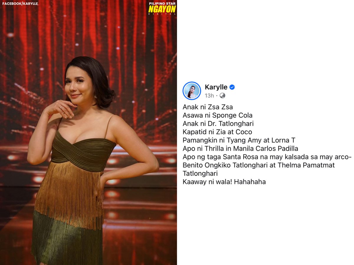 psngayondigital's tweet photo. ‘ANAK NI ZSA ZSA, ASAWA NI SPONGECOLA’ 😭

Iyan ang hirit ng TV personality na si Karylle sa kanyang latest Facebook post kung saan nag-share siya ng isang photo update.

(Facebook/Karylle) https://t.co/bpC9WdOmWp