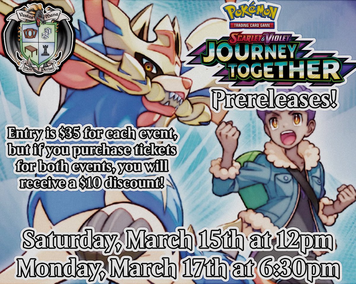 We have our Pokémon Journey Together Prerelease tickets available now! If you purchase tickets for both days, you'll receive a discount at checkout. We're excited for the return of Trainer's Pokémon!  
tokenmtg.com/products/pokem…