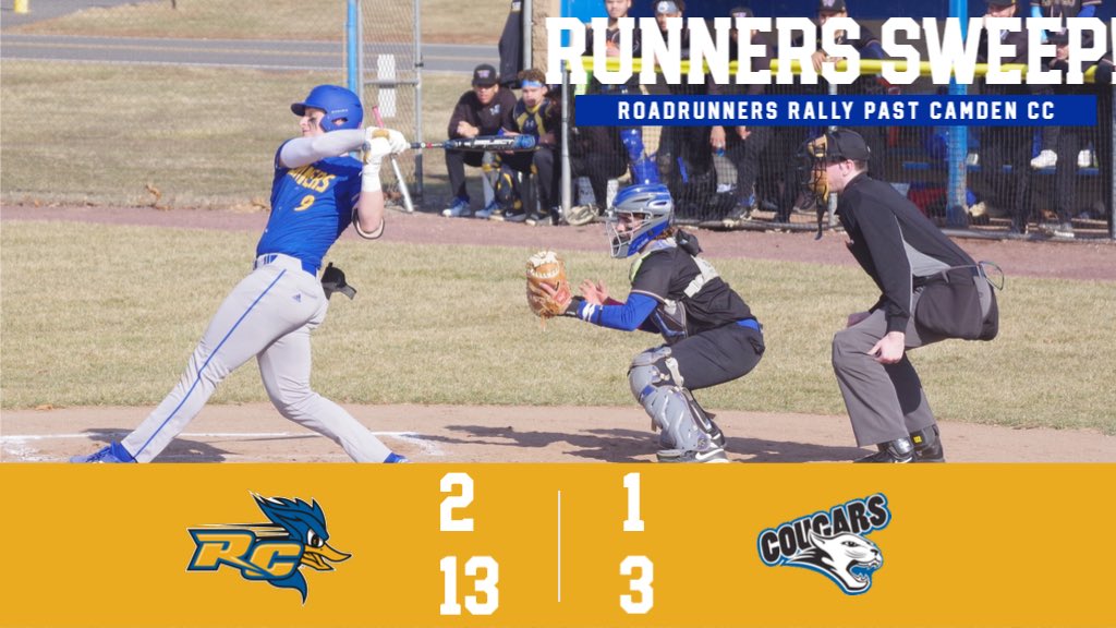 Kai Hutchins drove in 4 runs over two games as Roadrunner Baseball swept Camden CC in a doubleheader Saturday at home, Hutchins drove in a late run to help the Runners rally for a 2-1 win in Game 1 and then drove in 3 runs in Game 2 as the Runners rolled to a 13-3 victory.