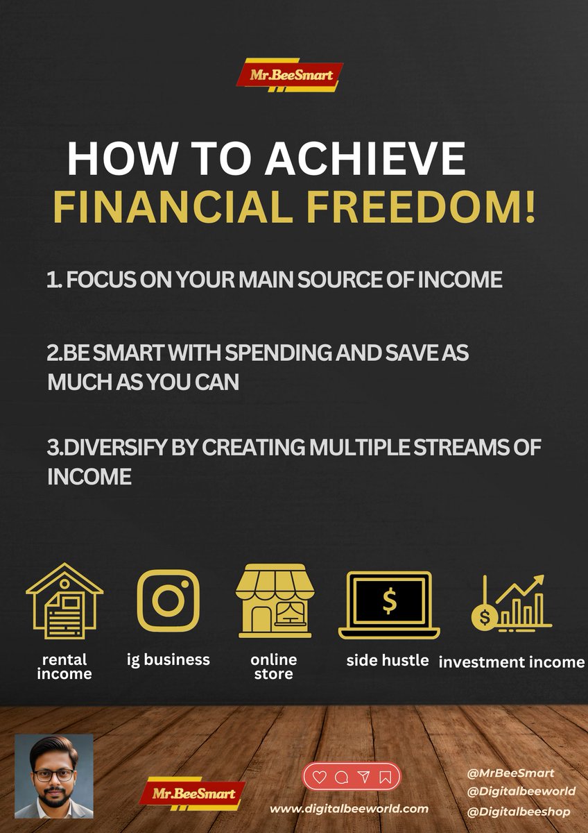 MrBeesmart's tweet photo. 🔑 Unlock Financial Freedom: A Roadmap to Prosperity

✨ The Path to Financial Freedom:
Focus on your main source of income
Be smart with spending and save as much as you can
Diversify by creating multiple streams of income

🤔 The Importance of Diversif https://t.co/3uYPvygepM