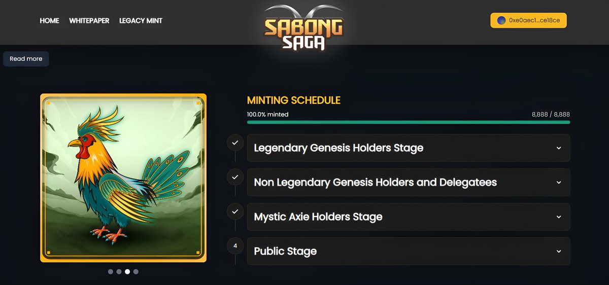 The Legacy Collection Minted Out! 🔥

To compensate for the small issue at the beginning of the mint, we’ll be raffling off Legacy Chicken #2223, the first Legacy chicken ever minted!

How to Join 👇

🔹 Like &amp; Retweet
🔹 Follow <a href="/SabongSaga/">Sabong Saga</a> 
🔹 Mention 3 friends + Ronin wallet